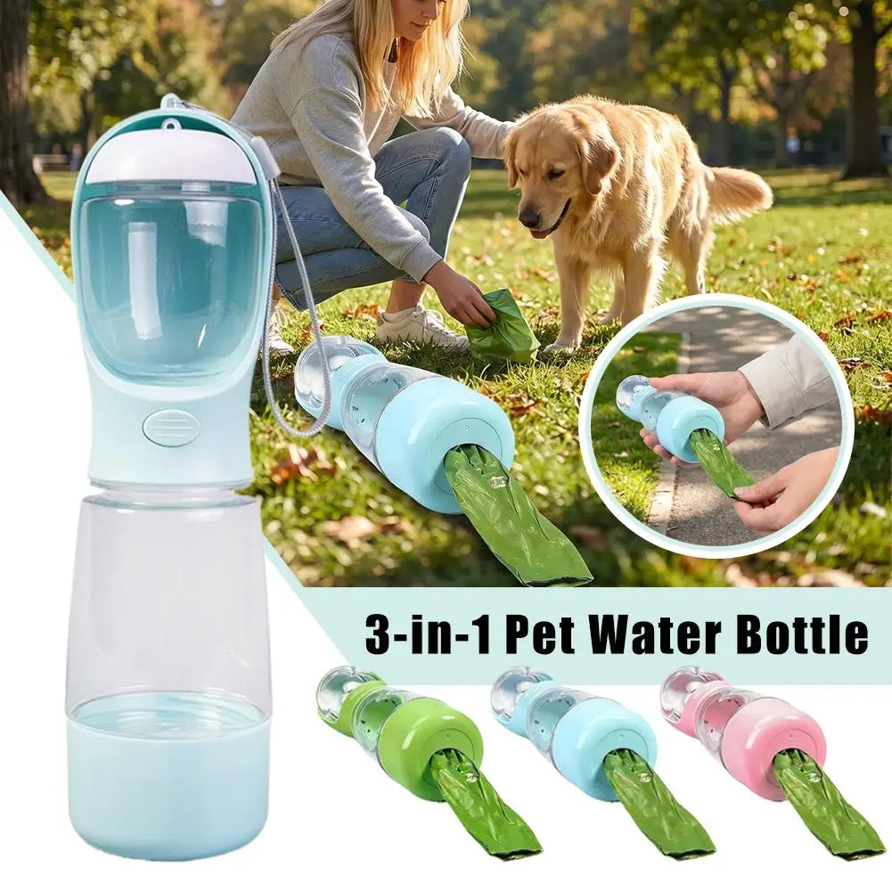 3-In-1 400Ml Portable Dog Water Bottle with Poop Bag Dispenser, Leak-Proof Pet Water & Food Bottle for Outdoor Walking, Hiking