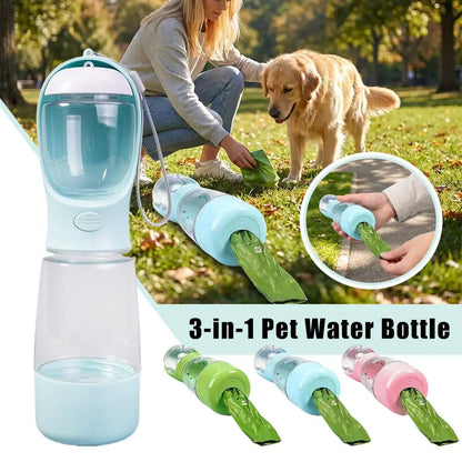 3-In-1 400Ml Portable Dog Water Bottle with Poop Bag Dispenser, Leak-Proof Pet Water & Food Bottle for Outdoor Walking, Hiking
